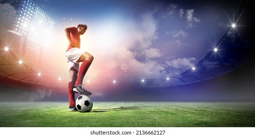 Football player and stadium with spotlights, 3d rendering