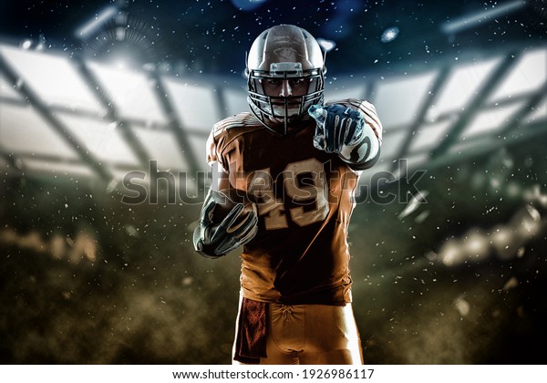 Football Player player\
with a superhero pose wearing a blue uniform on a black background\
with blue lights.