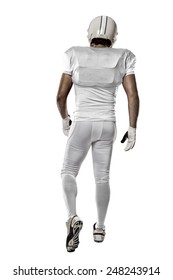 Football Player With A White Uniform Walking, Showing His Back On A White Background.
