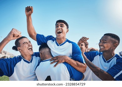 Football player, winner team and people winning in competition, game or sports goals, success and cheers. Yes, wow and excited group of young men with achievement and soccer celebration on blue sky - Powered by Shutterstock