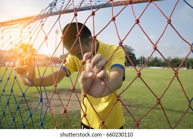 Football Player Young Asian Boy Behind Mesh Football Goal