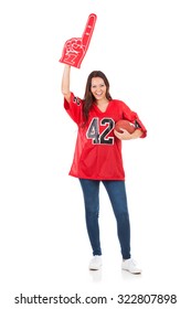 Football: Pretty Woman With Foam Finger And Ball