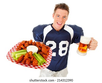 Football: Ready For Game With Plate Of Chicken Wings And Beer