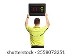 Football referee holding a substitute board isolated on white background