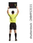 Football referee with a substitute board isolated on white background