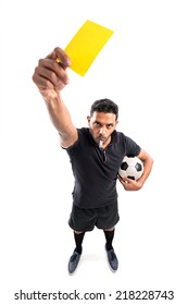 Football Referee Whistling And Showing Yellow Card, View From Above