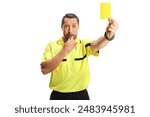 Football referee with a yellow card blowing a whistle isolated on white background