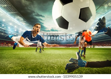 Football scene with competing football players at the stadium. 3D Rendering