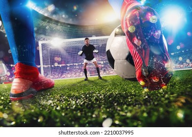 Football scene with competing soccer players at the stadium - Shutterstock ID 2210037995