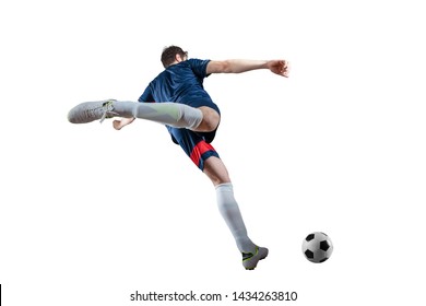 Football scene at night match with player kicking the ball with power. Isolated on white background