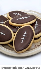 Football Shape Cookies On Plate. Home Made Cookies Concept. American Sport Concept. Super Bowl Party Cookies. High Quality Photo