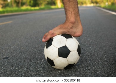 Football Or Soccer Ball At The Kickoff Of A Game