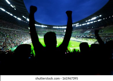 Football, soccer fans support their team and celebrate goal, score, victory. Full stadium