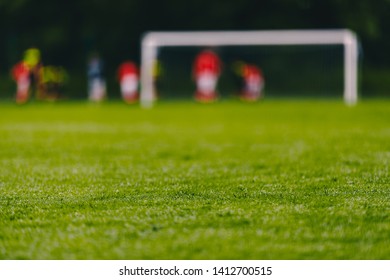 Football Soccer Field. Low Angle Image Of Green Turf On Soccer Pitch