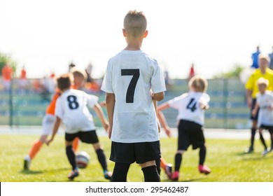 Football Soccer Match For Children. Kids Waiting On A Bench. Boys Support Team. Penalty Extra Time. 