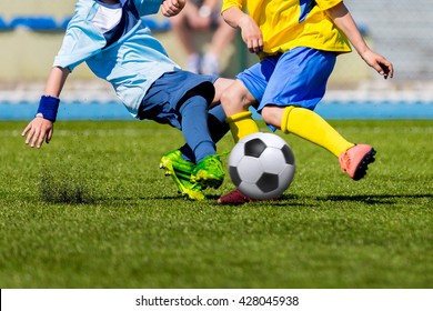 Football Soccer Match For Children. Kids Playing Soccer Game Tournament Cup. Physical Education Classes At School.