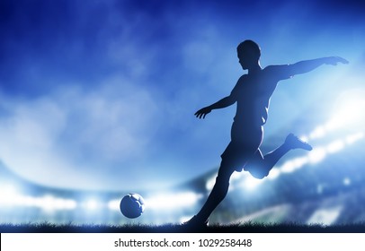 Football, soccer match. A player shooting on goal. Lights on the stadium at night.