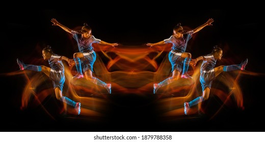 Football Or Soccer Player On Black Studio Background In Mixed Light With Strobe Light, Mirror Effect, Reflection With Fire Flames. Kicking Ball, Catching. Concept Of Sport, Competition, Winning.