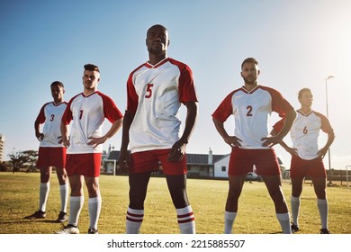 Football, soccer and portrait of team or group on field together ready for a match, game or competition. Fitness, diversity and men or players on grass field preparing for sports, workout or training - Powered by Shutterstock