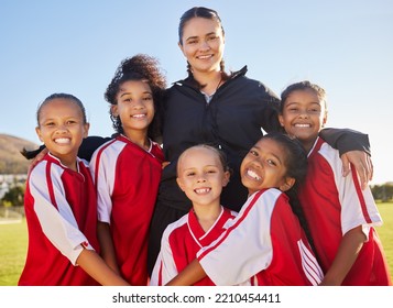 Football sports coach, girl and teamwork for motivation, support and exercise at competition, game on a field. Portrait of soccer athlete group, coaching and training for win success at sport academy - Powered by Shutterstock