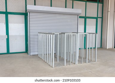 Football Stadium Entrance. Closed Door And Empty Iron Railings.