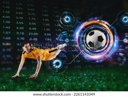 Football striker player jumps with online soccer bet, analytics and statistics background