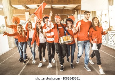 Football Supporter Fans Friends Cheering And Walking To Soccer Cup Match At Intenational Stadium - Young People Group With Red And White T-shirts Having Excited Fun On Sport World Championship Concept