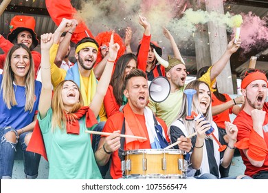 Football Supporter Fans Watching International Soccer Match - Young Group Of Excited Friends Having Fun Exulting At Soccer World Game At Stadium - Youth, Sport And Celebration Score Concept