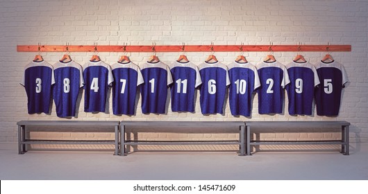 Football Team Shirts on locker room wall with bench - Powered by Shutterstock