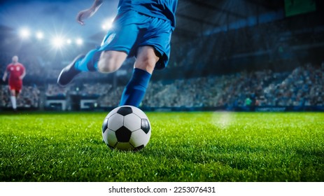 Football World Championship: Soccer Player Runs to Kick the Ball. Ball on the Grass Field of Arena, Full Stadium of Crowd Cheers. International Tournament. Cinematic Shot Captures Victory. - Shutterstock ID 2253076431