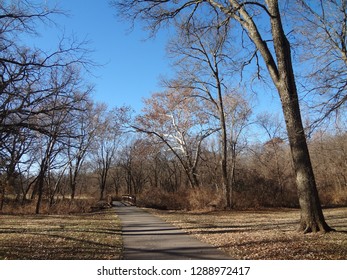 Footbridge On Gary L. Haller Trail, Johnson County, Kansas On Sunny Day In Late Autumn