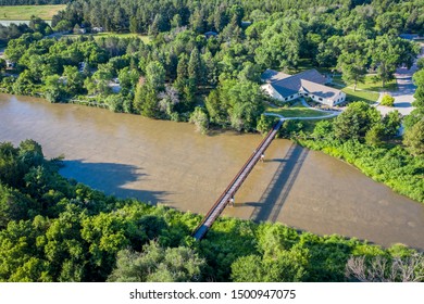 Footbridge Over MIddle Loup River At Nebraska National Forest Near Halsey, Aerial View