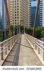 Footbridge for pedestrian crossing under the busy avenue. Symmetrical image. Richest region of the city of São Paulo.