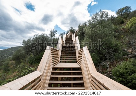 Footbridges of Côa, a wooden structure with a length of 930 meters and 890 steps, on a partly cloudy day Foz Côa, Portugal