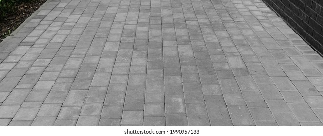 Footpath With Grass Texture Background. Paved Path Pattern, Modern Slab Sidewalk Pathway Wallpaper, Brick Path Road, Tiles Walkway With Copy Space And Perspective