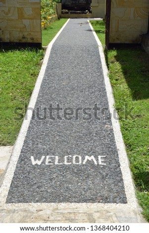 Image, Stock Photo Paved path with inscription: Functional assignment for pedestrians and/or appeal from cyclists to pedestrians!