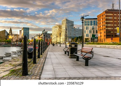 Footpath Lined with Benches on Liverpool Waterfront