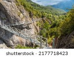 Footpath of the metal footbridge in the mountain in the town of Panticosa in the Pyrenees, Huesca