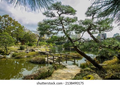 Footpath  from round stones and wooden railing through water of artificial pond in Kiyosumi teien. Garden founded by Iwasaki Yataro, head of Mitsubishi in the19th century. And stone lantern in distanc
