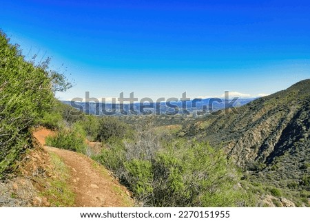 Footpath through the Agua Tibia Wilderness in Cleveland National Forest, in the background the snowy peaks of the San Jacinto Mountains in winter, Southern California, USA

