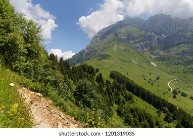Footpath trail on the side of a valley hill with forests and mountains around Col de la Forclaz France