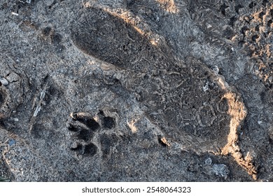 Footprint and Animal Paw Print in Wet Sand at a Nature Trail - Powered by Shutterstock