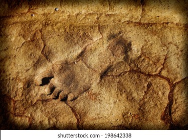 footprint on old hardened, cracked mud or clay