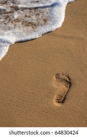 Footprint On Pristine Golden Sandy Beach And Waterline Madeira 