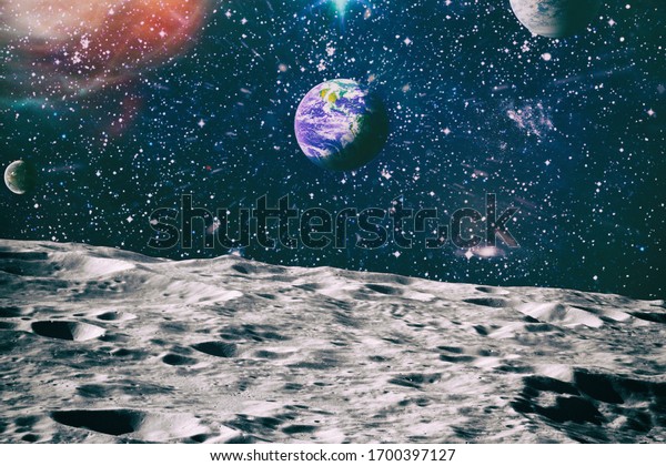 Footprints as an evidence of people\
being there or great forgery.The Earth as Seen from the Surface of\
the Moon - Elements of this Image Furnished by\
NASA
