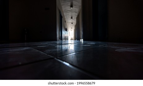 Footprints On The Floor In An Empty Abandoned Office With No People During Lockdown Covid Isolation