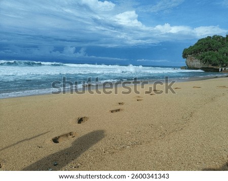 Footprints on a golden sandy beach lead to the ocean, with waves crashing against the shore under an expansive and cloudy blue sky. Lush greenery peers from the side, adding a touch of nature.