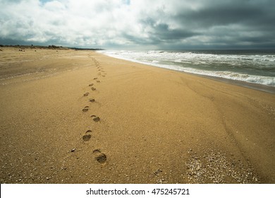 Footprints  On The Sand Of A Stormy Beach