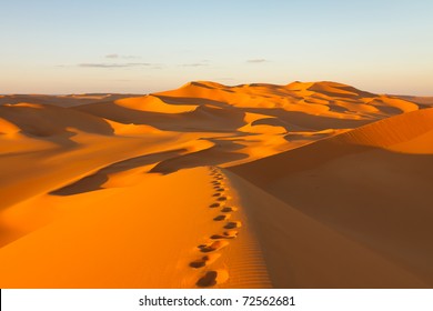 Footprints in the sand dunes at sunset - Murzuq Desert, Sahara, Libya - Powered by Shutterstock - Get 15% off with code: PIKWIZARD15