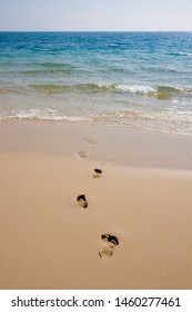 Footprints In The Sand Lead Into The Clear Water Of The Beach Of  Sealine Beach Resort, Qatar